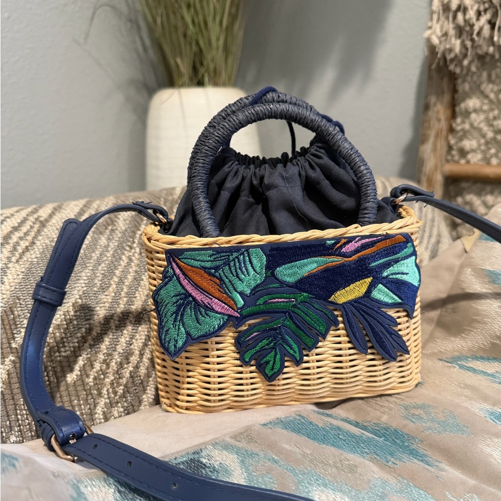 Mini Woven Rattan Crossbody, Navy Tropical Leaves Embroidery, Drawstring closure